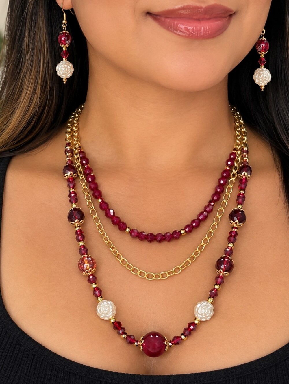 Gold-Tone Multi-Strand Ruby Bead Necklace with Rose Accents